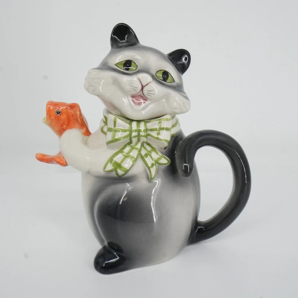 Cat Teapot Black Kitsch Whimsical Fish Spout Ceramic Tuxedo Tea Party Decor
